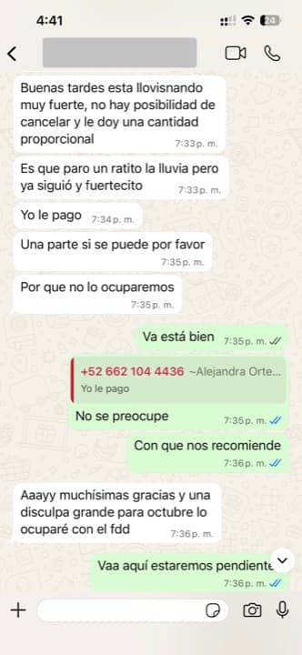 Mensaje de WhatsApp de un cliente sobre la entrega puntual